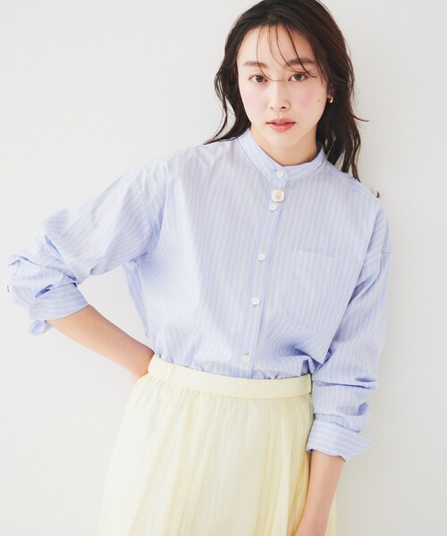 UNTITLED(アンタイトル)の「【コットン100/ストライプ】タイプライター バンドカラーシャツ(シャツ/ブラウス・レディース・オフホワイト/ホワイト系5/ブルー系7・04/48/50/00/01/02/03/44)」の3枚目の写真
