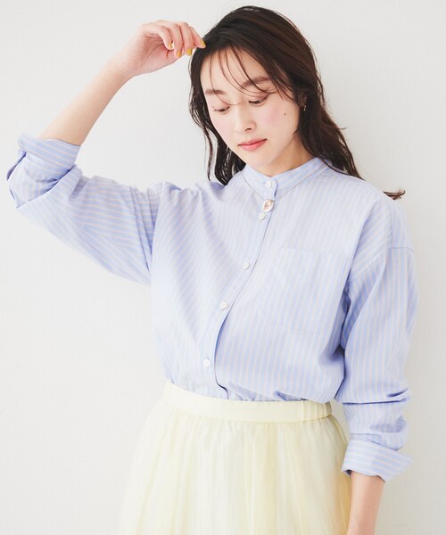 UNTITLED(アンタイトル)の「【コットン100/ストライプ】タイプライター バンドカラーシャツ(シャツ/ブラウス・レディース・オフホワイト/ホワイト系5/ブルー系7・04/48/50/00/01/02/03/44)」の16枚目の写真