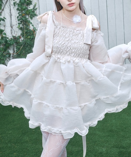 りらこOBLI ショルダー リボン ホワイトワンピース 0 ショルダーリボンマキシドレス | DRESS | OBLI