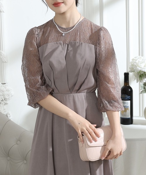 Lace Ladies(レースレディース)の「ビスチェ風 レース 切り替え 6分袖 ワンピース(ドレス・レディース・ブラック/ブルーグレー/グレー/ミント・S/FREE)」の2枚目の写真
