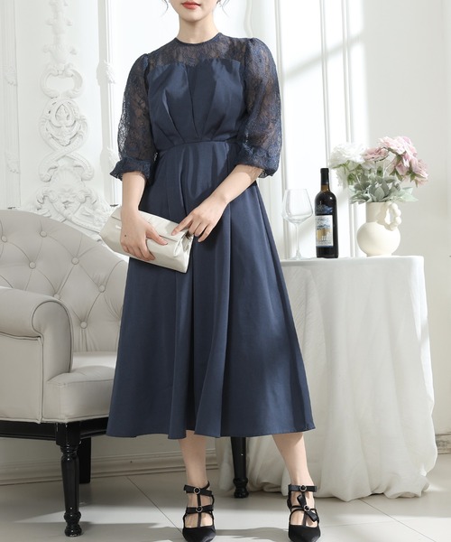 値下げ　(ネット完売品)袖スリットレース切替ワンピースドレス Jolie et Jolie（ジョリー エ ジョリー） ドレス レース切替ドッキング