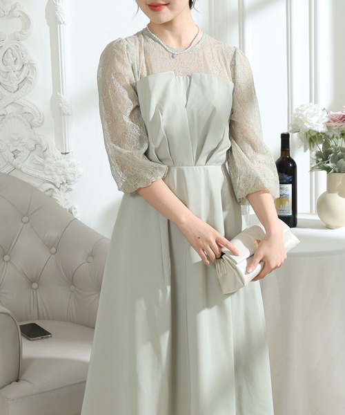 Lace Ladies(レースレディース)の「ビスチェ風 レース 切り替え 6分袖 ワンピース(ドレス・レディース・ブラック/ブルーグレー/グレー/ミント・S/FREE)」の9枚目の写真