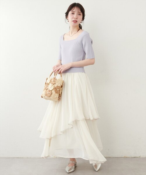 【韓国ブランド】ペプラムレイヤードニットドッキングワンピース レイヤード花柄ニットドッキングワンピース[品番：MKSW0063619