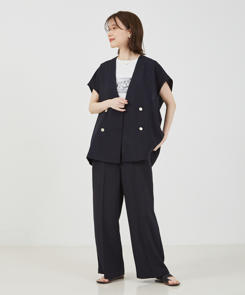 abahouse mavie（アバハウスマヴィ）の「【セットアップ対応】ライトツィードフレンチジャケット（ノーカラージャケット・レディース・ネイビー/グレイッシュベージュ・フリー）」の4枚目の写真