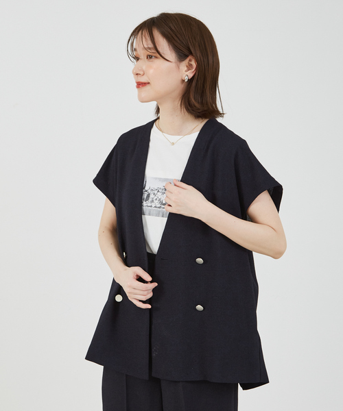 abahouse mavie（アバハウスマヴィ）の「【セットアップ対応】ライトツィードフレンチジャケット（ノーカラージャケット・レディース・ネイビー/グレイッシュベージュ・フリー）」の7枚目の写真