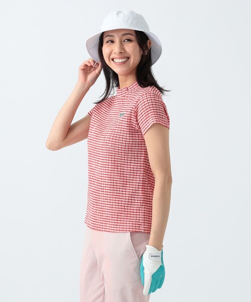 ビームスゴルフ　半袖スエット　モックネック PURPLE LABEL / ギンガム フルーゼ 半袖 モックネック シャツ