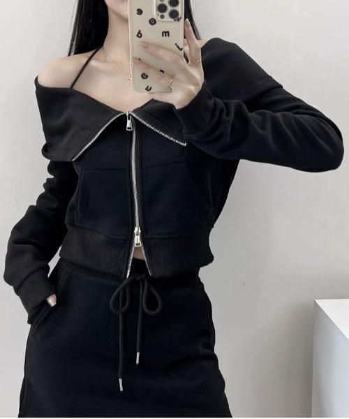 tシャツ 「.KOM/ドットケーオーエム」ホルターネックオフショルダークロップ ZIPUP「Y」「CN」 レディース メンズ KOM/ドットケーオーエム』ホルターネックオフショルダークロップ
