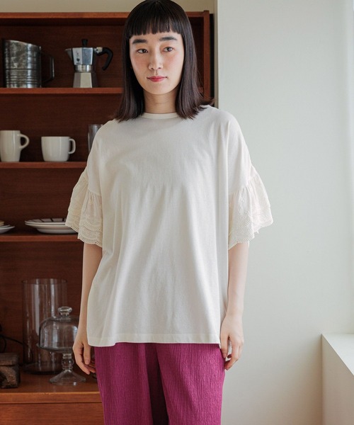 セール】フリルレースシャーリングプルオーバー（Tシャツ