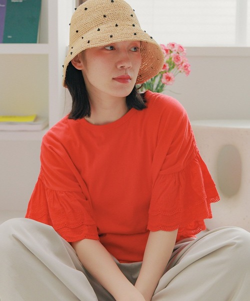 niko and...(ニコアンド)の「フリルレースシャーリングプルオーバー(Tシャツ/カットソー・レディース・レッド/オフホワイト/チャコール/ライトグレー・MEDIUM/LARGE)」の14枚目の写真