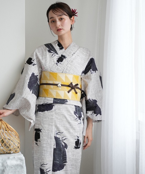 utatane（ウタタネ）の「選べる浴衣3点セット ニコアンティークオリジナル 国内染色（浴衣・レディース・レッド系1/グレー系2/レッド系2/ブルー系2/グリーン系1/パープル系2/ブラック系2/イエロー系2/ネイビー系2/ブルー系3/グリーン系2/パープル系1/ブラック系3/グレー系1/ネイビー系1/ブルー系5/イエロー系1/オレンジ系1/オレンジ系3/オレンジ系2/ブルー系6/パープル系3/ブラック系1/ブルー系1/ブルー系4・FREE）」の2枚目の写真