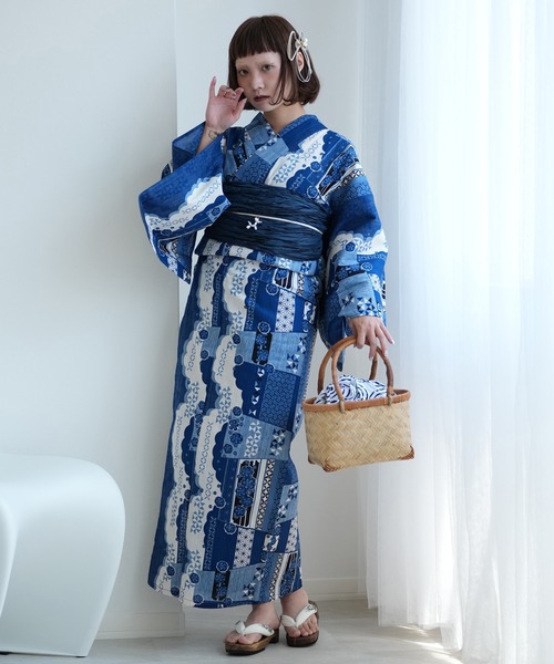 utatane 浴衣3点セット ニコアンティークオリジナル 国内染色　セール　青 選べる浴衣3点セット ニコアンティークオリジナル 国内染色