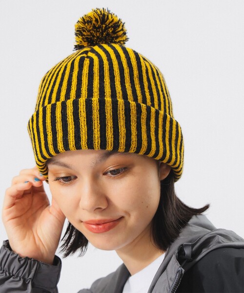 INFIELDER DESIGN(インフィールダーデザイン)の「【1/15値下げ】【別注】INFIELDER DESIGN / STRIPE PON CAP(ニットキャップ/ビーニー・レディース・イエロー/ピンク・ONE SIZE)」の2枚目の写真
