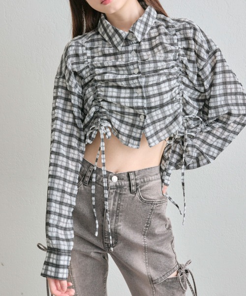 OLIVE des OLIVE（オリーブデオリーブ）の「ドロストクロップドシャツ（シャツ/ブラウス・レディース・ブラック/サックスブルー/オフホワイト・FREE）」の21枚目の写真