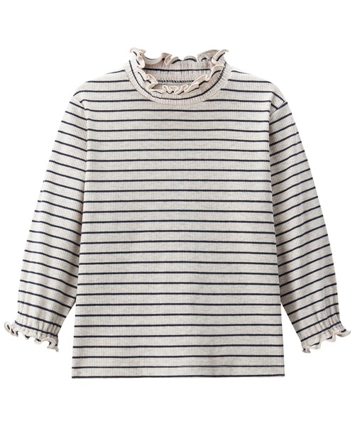 combimini（コンビミニ）の「シャーリングハイネック長袖Tシャツ（ボーダー）（Tシャツ/カットソー・キッズ・ブラウン/ベージュ系1・80/90/100/110/120）」の2枚目の写真