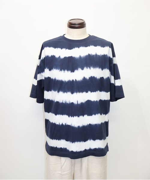 ATELANE（アテレーン）の「ATELANE/タイダイボーダー半袖Tee（Tシャツ/カットソー・メンズ・ライトグレー/ネイビー/ブルー・LARGE/MEDIUM）」の4枚目の写真