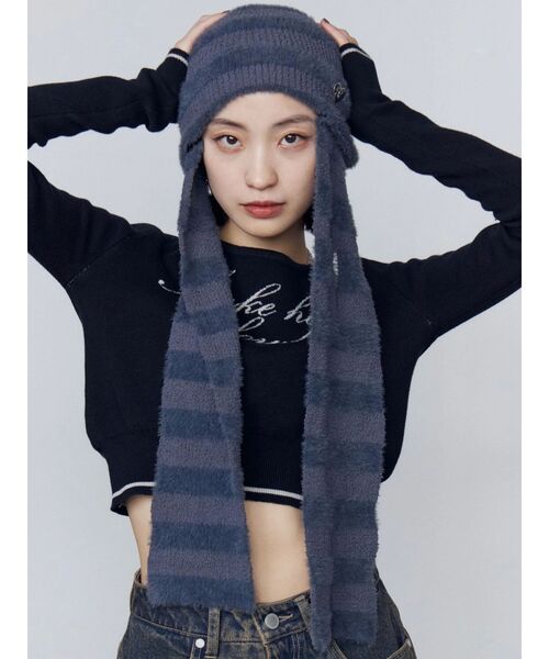 EMODA（エモダ）の「ストライプシャギー2WAYビーニー（ニットキャップ/ビーニー・レディース・グレー/ブラック・FREE）」の2枚目の写真