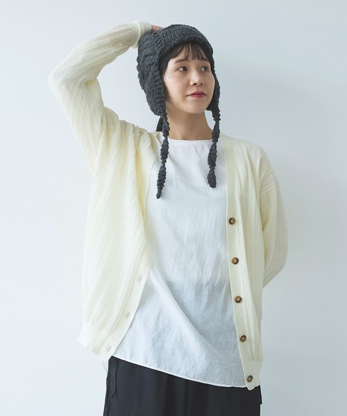 yuni（ユニ　）の「●コットン/ナイロン sheer stripes カーディガン（カーディガン/ボレロ・レディース・ホワイト/ブラック/カーキ・FREE）」の5枚目の写真