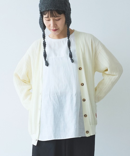 yuni（ユニ　）の「●コットン/ナイロン sheer stripes カーディガン（カーディガン/ボレロ・レディース・ホワイト/ブラック/カーキ・FREE）」の6枚目の写真