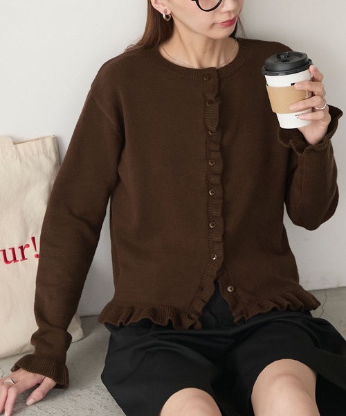 【未使用級✨️】 Rene パール カーディガン フリル リボン ブラウン 茶色 至福のカヌレニット】フリル×フリルカーディガン（カーディガン/ボレロ