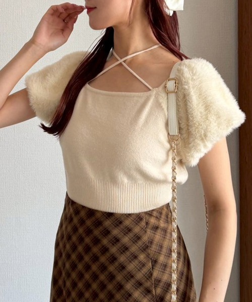 one after another NICE CLAUP（ワンアフターアナザーナイスクラップ）の「フェザードッキングニット（ニット/セーター・レディース・ブラック/アイボリー/ブルー・FREE）」の10枚目の写真