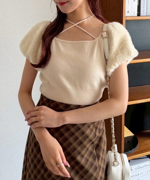 one after another NICE CLAUP（ワンアフターアナザーナイスクラップ）の「フェザードッキングニット（ニット/セーター・レディース・ブラック/アイボリー/ブルー・FREE）」の11枚目の写真