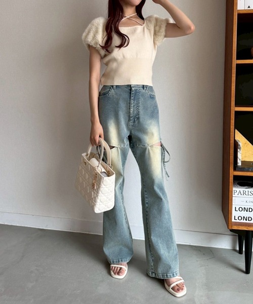 one after another NICE CLAUP（ワンアフターアナザーナイスクラップ）の「フェザードッキングニット（ニット/セーター・レディース・ブラック/アイボリー/ブルー・FREE）」の4枚目の写真