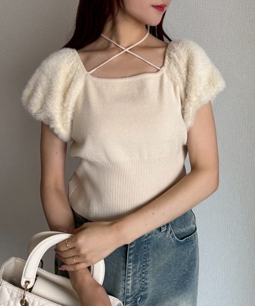 one after another NICE CLAUP（ワンアフターアナザーナイスクラップ）の「フェザードッキングニット（ニット/セーター・レディース・ブラック/アイボリー/ブルー・FREE）」の6枚目の写真