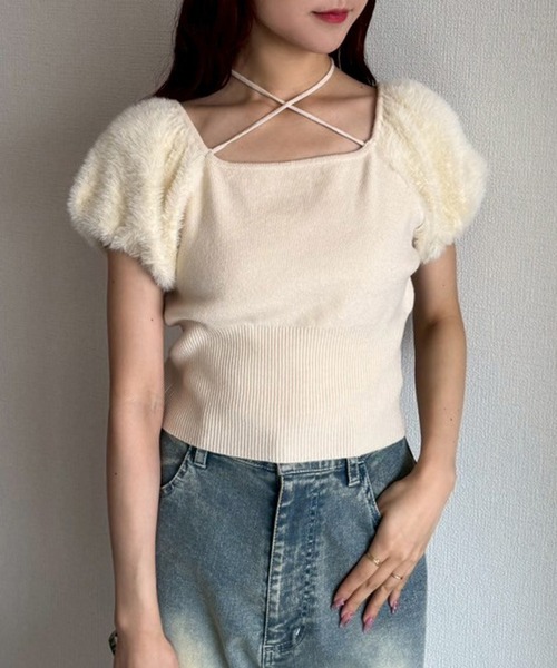 one after another NICE CLAUP（ワンアフターアナザーナイスクラップ）の「フェザードッキングニット（ニット/セーター・レディース・ブラック/アイボリー/ブルー・FREE）」の5枚目の写真