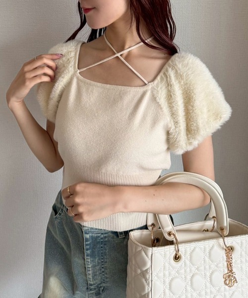 one after another NICE CLAUP（ワンアフターアナザーナイスクラップ）の「フェザードッキングニット（ニット/セーター・レディース・ブラック/アイボリー/ブルー・FREE）」の7枚目の写真