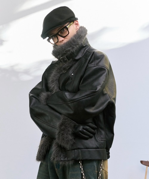 soerte スタンドカラーフェイクムートンジャケット ブラック 3 Stand Collar Fur-Trimmed B-3 Jacket / スタンドカラーB-3ムートン