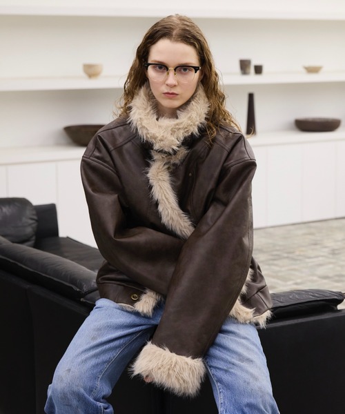 極美品★エコムートンジャケット B-3 裏地ファー 毛足長い ブラウン L 高級ムートンを贅沢に使用、革ジャンの王様 B-3フライトジャケットを4