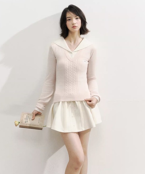 sheller レイヤード風ニット セーラーカラーレイヤードニットトップス SP25f028【SunsetPark