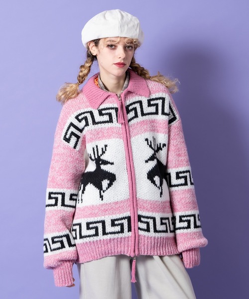 a.p.o.v.(エーピーオービー)の「a.p.o.v. ノルディックトナカイ柄カウチンニットジップアップセーター(ニット/セーター・メンズ・ピンク/チャコール/ネイビー/アイボリー・ONESIZE)」の4枚目の写真