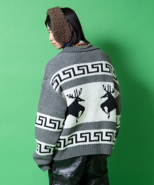 a.p.o.v. ノルディックトナカイ柄カウチンニットジップアップセーター