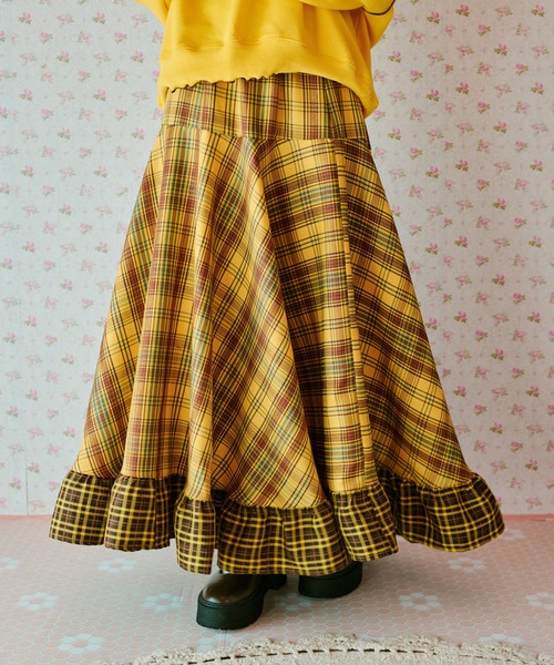 クティールとレトロ】切り替えダブルチェックフレアスカート（スカート