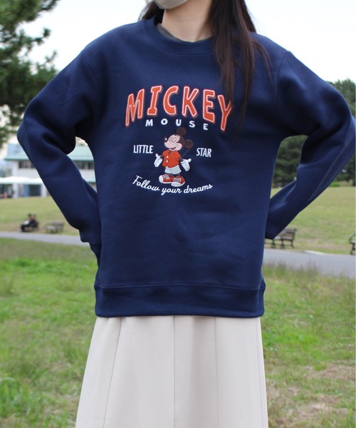 セール】【DISNEY/ディズニー】ミッキーマウス裏起毛総刺繍クルー