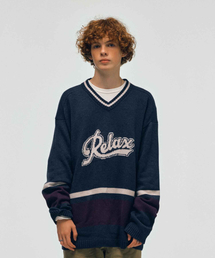 DISCUS ATHLETIC | リラックスロゴVネックニットネイビー(ニット/セーター)