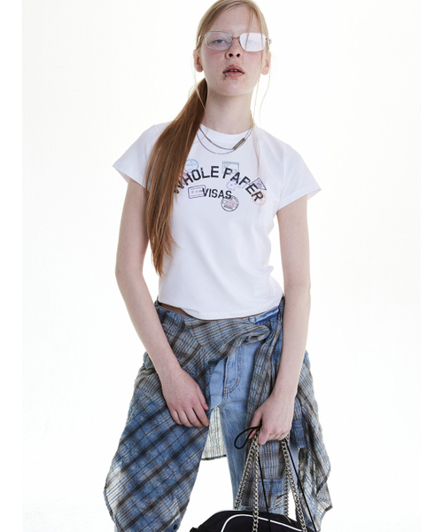 WHOLE PAPER(ホールペーパー)の「ビザスタンプ タイトTシャツ (ホワイト)(Tシャツ/カットソー・レディース・その他・MEDIUM/SMALL)」の1枚目の写真