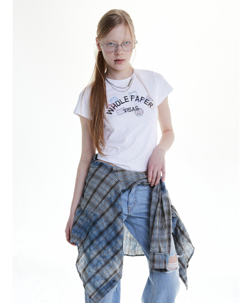 WHOLE PAPER(ホールペーパー)の「ビザスタンプ タイトTシャツ (ホワイト)(Tシャツ/カットソー・レディース・その他・MEDIUM/SMALL)」の3枚目の写真