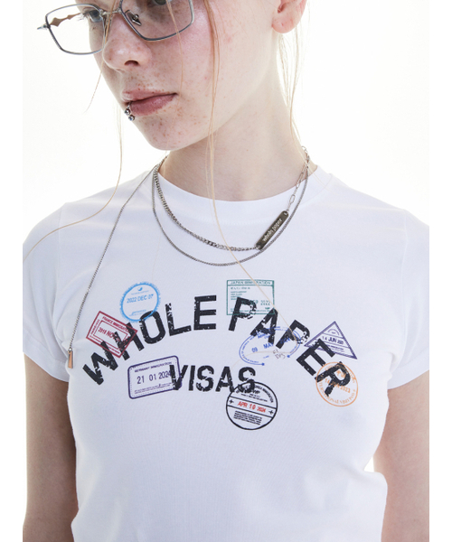 WHOLE PAPER(ホールペーパー)の「ビザスタンプ タイトTシャツ (ホワイト)(Tシャツ/カットソー・レディース・その他・MEDIUM/SMALL)」の2枚目の写真