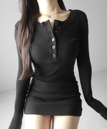 【 ２color 】裏起毛ヘンリーネックタイトミニワンピース ／ urakimo henley neck tight mini onepiece
