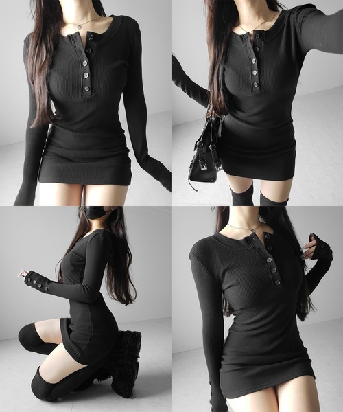 me+em select(ミームセレクト)の「【 2color 】裏起毛ヘンリーネックタイトミニワンピース / urakimo henley neck tight mini onepiece(ワンピース・レディース・ブラック/グレー・FREE)」の4枚目の写真