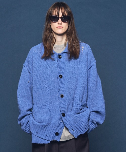 UNISEX》Prime-Over Distressed Knit Collared Cardigan/プライム