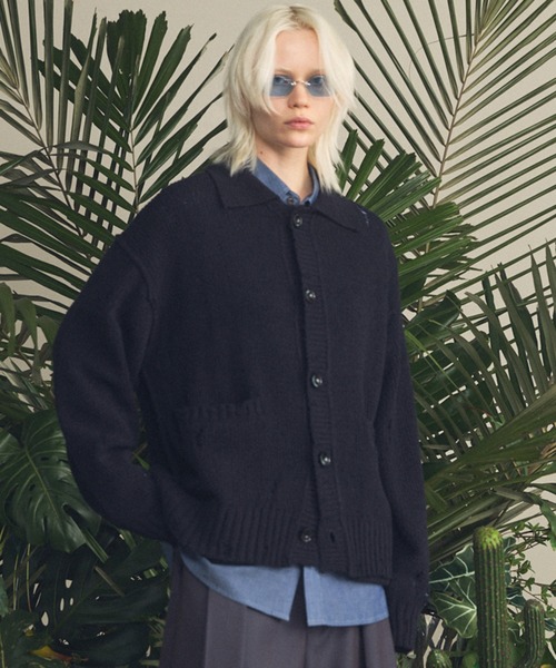 UNISEX》Prime-Over Distressed Knit Collared Cardigan/プライム