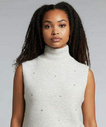 Snow Pearl Stud High-Neck Knit Vest (Ivory)