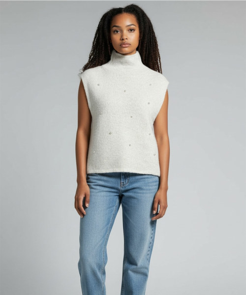BORN SLIPPY(ボーンスリッピー)の「Snow Pearl Stud High-Neck Knit Vest (Ivory)(ベスト・レディース・その他・FREE)」の2枚目の写真