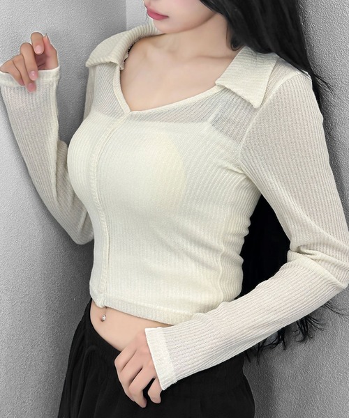 FOLLOWIN(フォロウィン)の「リブポロ クロップドトップス(Tシャツ/カットソー・レディース・アイボリー/ブラック・FREE)」の1枚目の写真