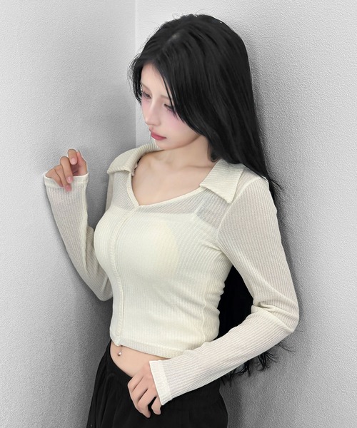 FOLLOWIN(フォロウィン)の「リブポロ クロップドトップス(Tシャツ/カットソー・レディース・アイボリー/ブラック・FREE)」の11枚目の写真