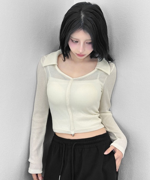 FOLLOWIN(フォロウィン)の「リブポロ クロップドトップス(Tシャツ/カットソー・レディース・アイボリー/ブラック・FREE)」の12枚目の写真