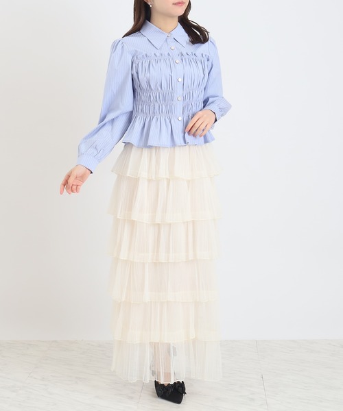 ASTORIA ODIER（アストリアオディール）の「シャーリングクロップドシャツ（シャツ/ブラウス・レディース・アイボリー/サックスブルー・MEDIUM）」の12枚目の写真